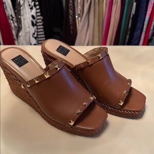 White House Black Market Brown Wedge Sandals with Gold Studs